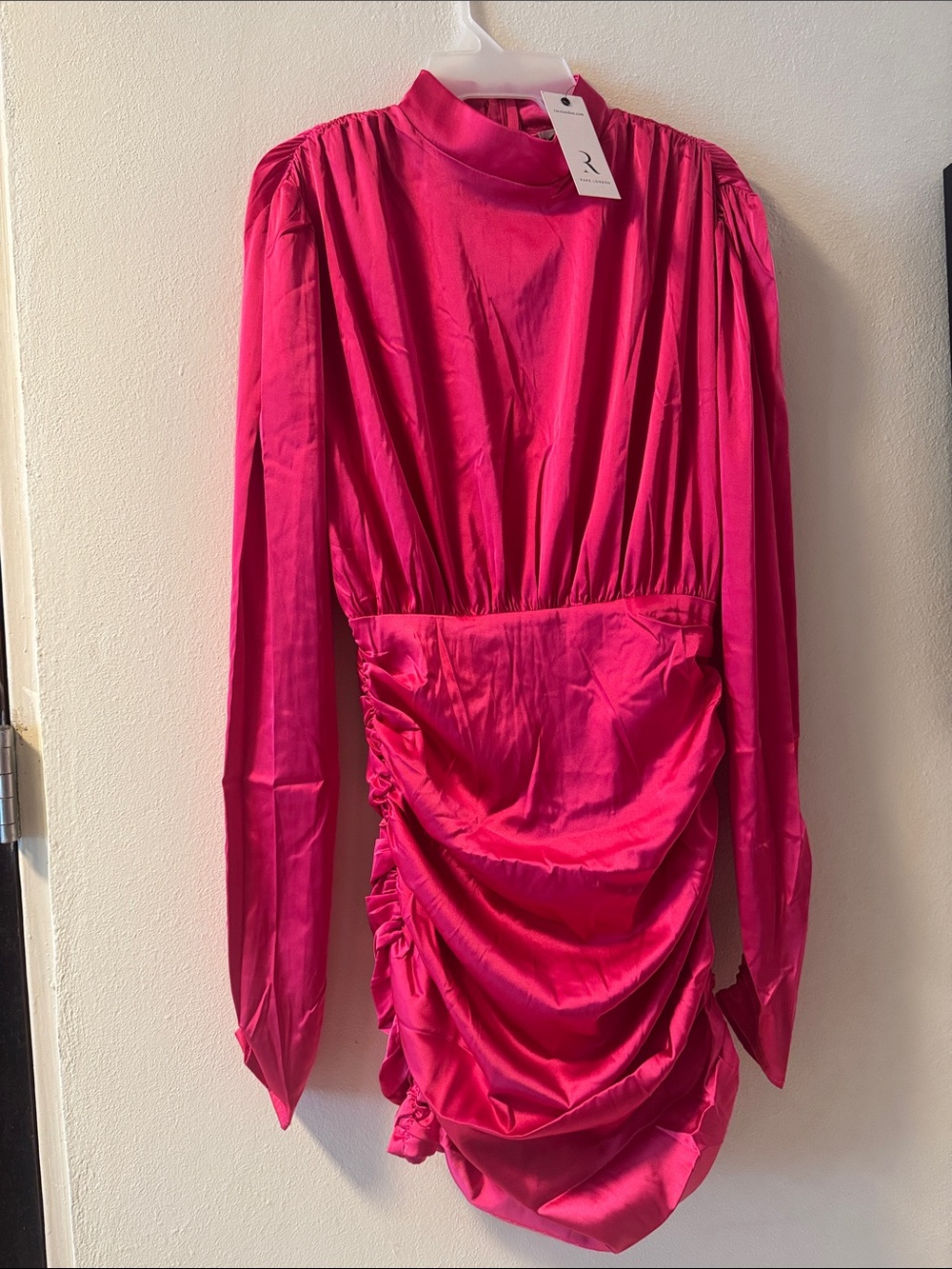 Rare London Fuchsia Satin Ruched Long-Sleeve Mini Dress
